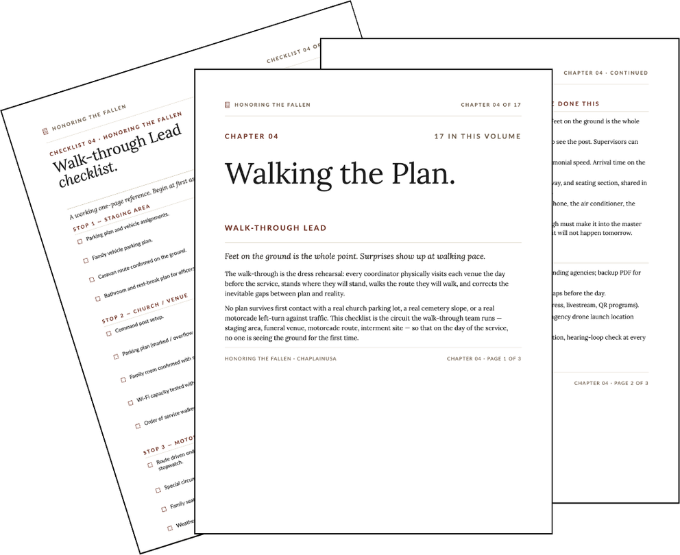 Sample pages from the Honoring the Fallen Walk-through Lead checklist
