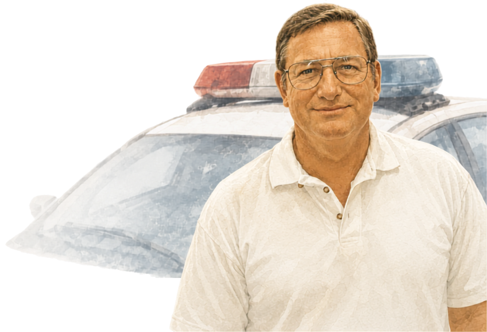 Illustration of Sgt. John Cooley in front of an LAPD patrol car