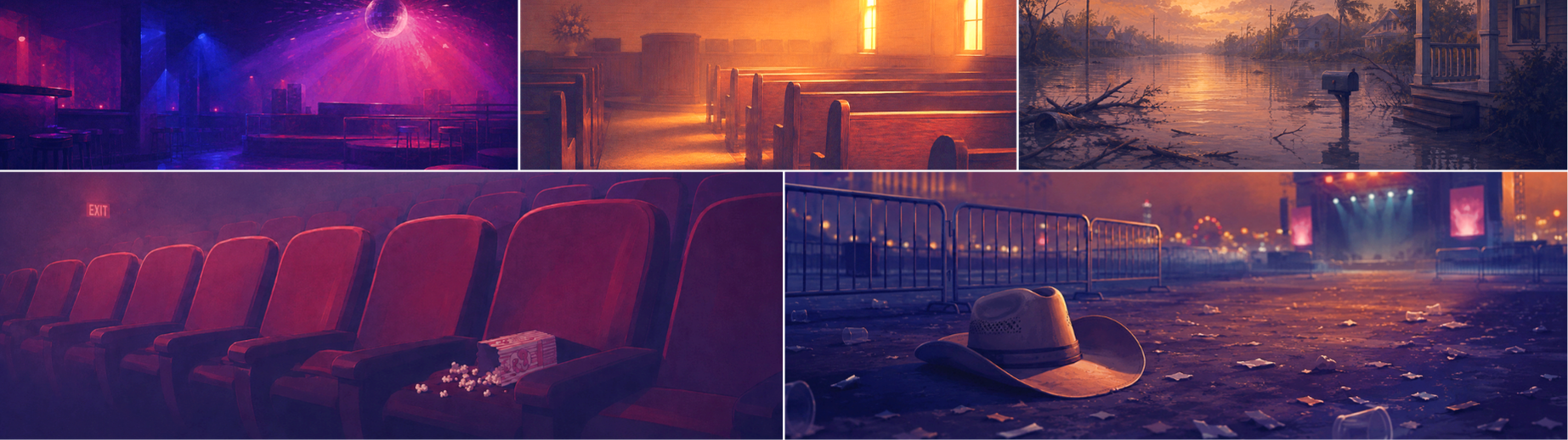 Scenes of a nightclub, church, flooded neighborhood, movie theater, and concert grounds