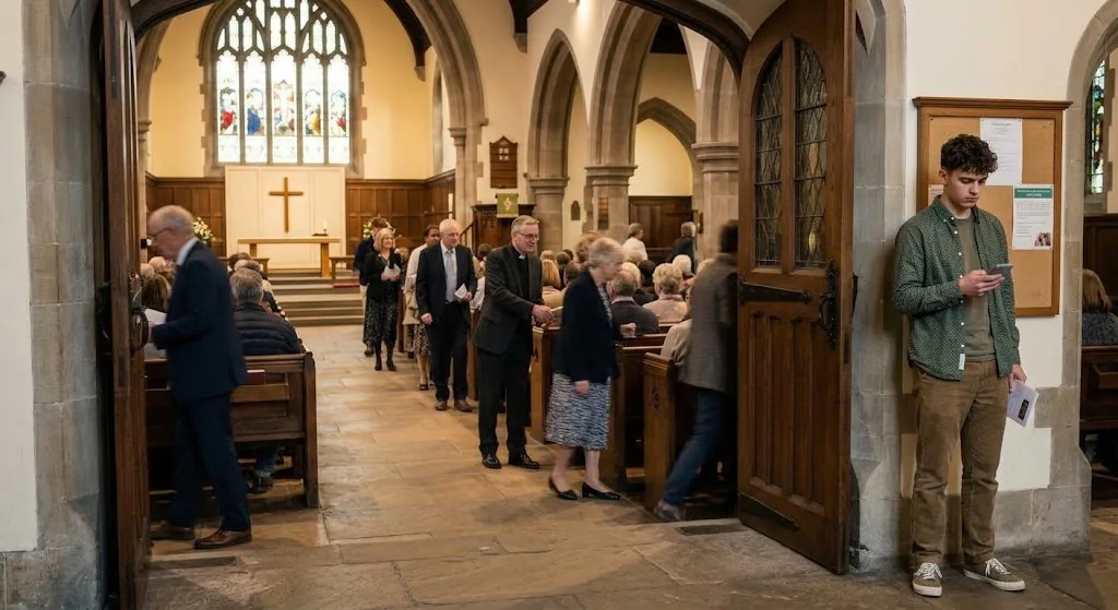 A young man checks his phone in a church doorway during a Sunday service, holding a program.