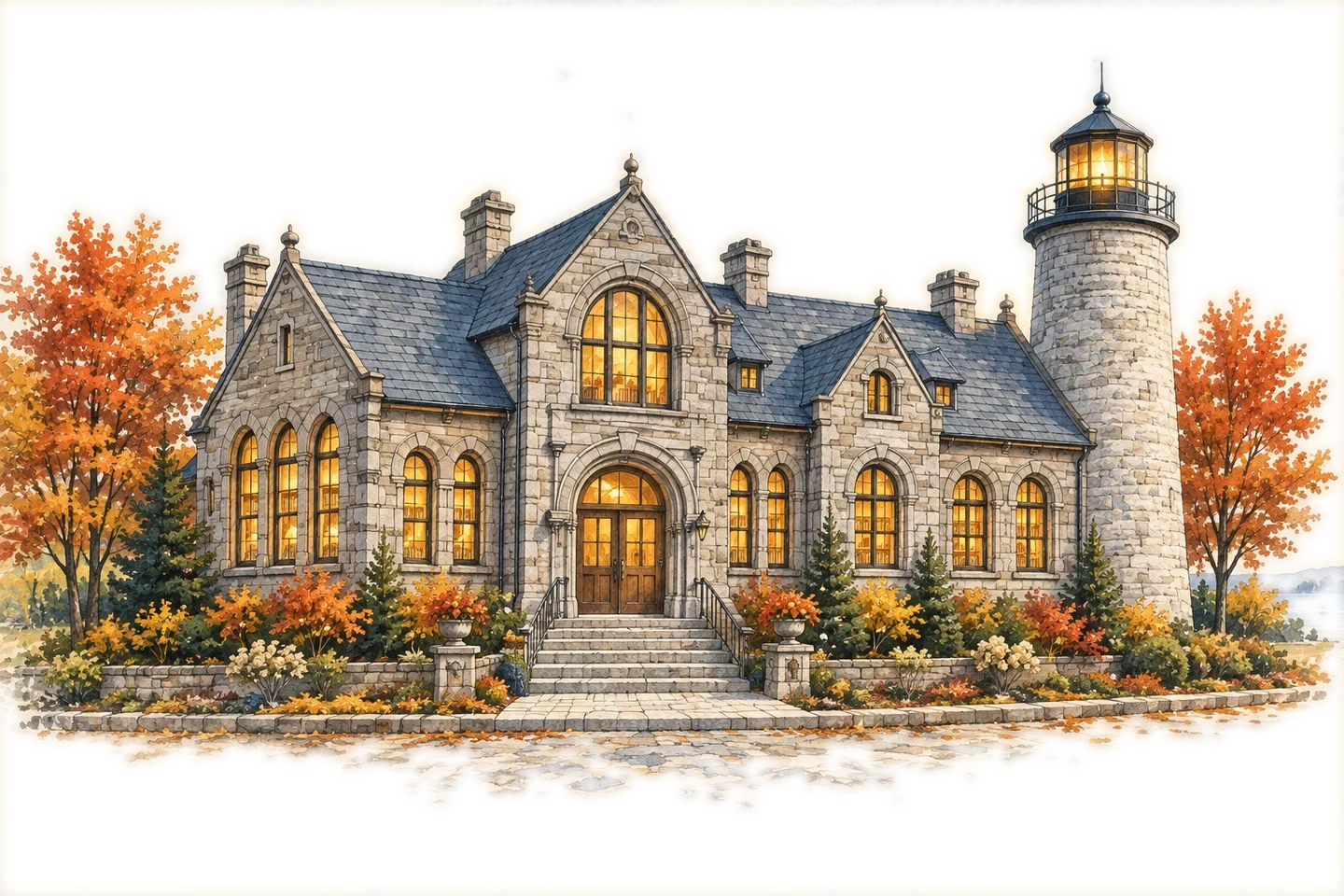A stone library with a lighthouse tower and warmly lit windows.