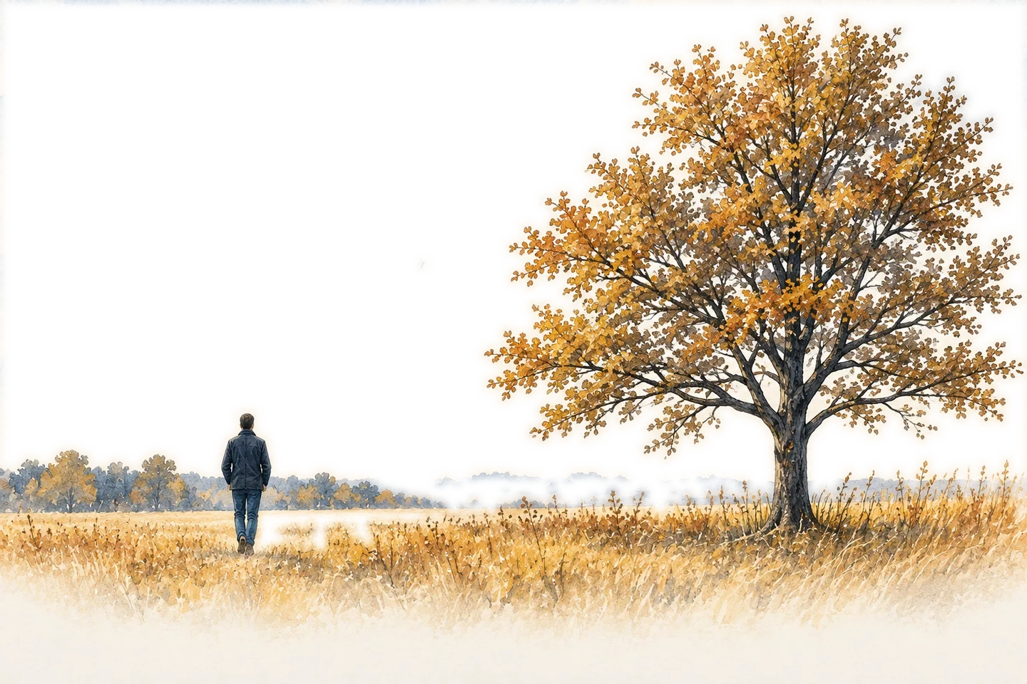 A lone person walks through a golden field beside an autumn tree.
