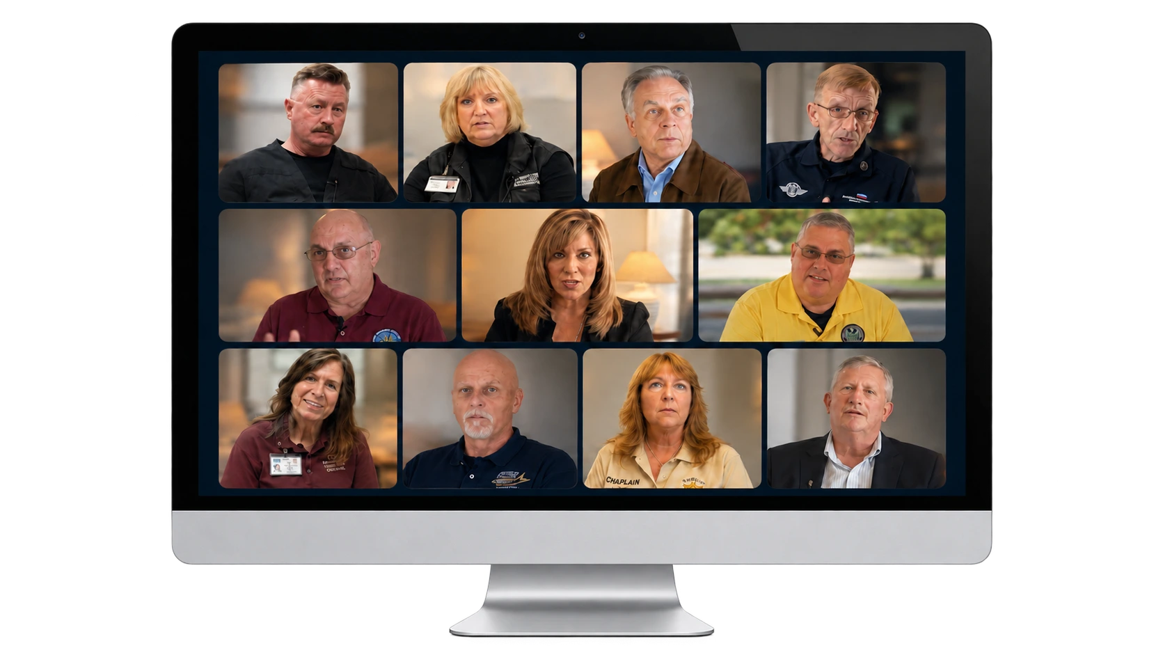 A monitor showing a mosaic of chaplains speaking during a virtual gathering.