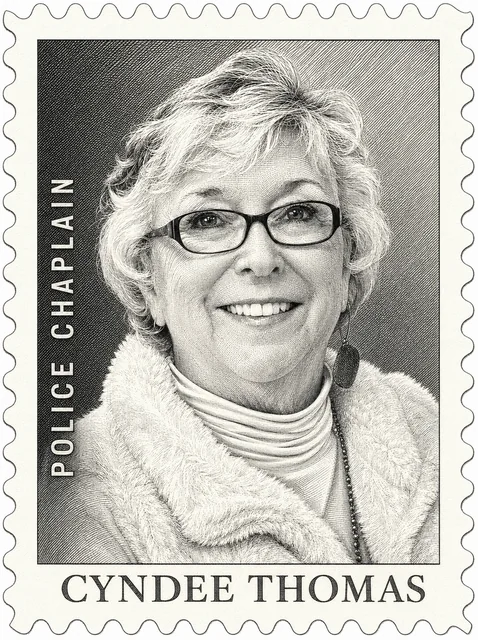 Engraved commemorative stamp portrait of Chaplain Cyndee Thomas