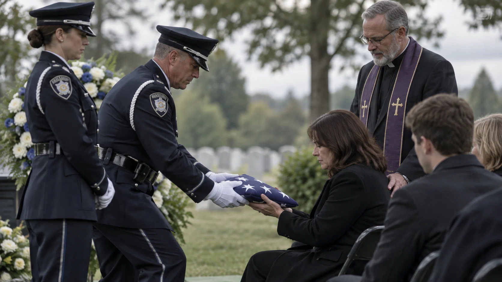 Editorial illustration of a flag presentation to a family at a police funeral.