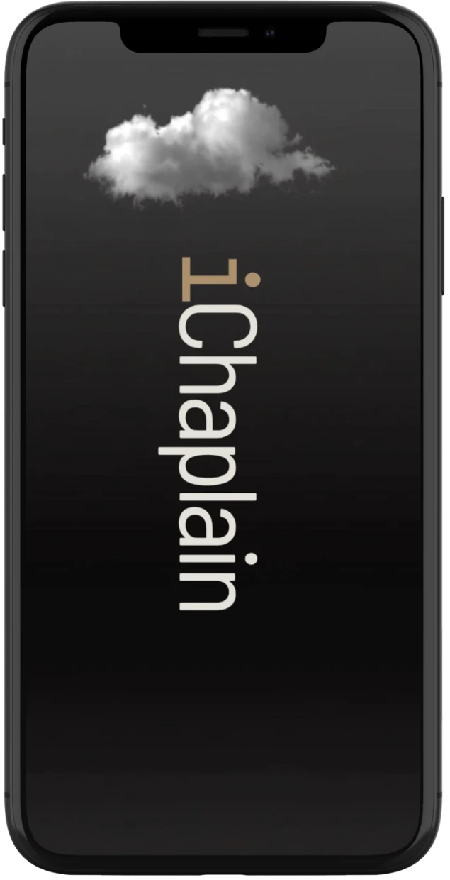 An iPhone displaying the iChaplain mark beneath a cloud