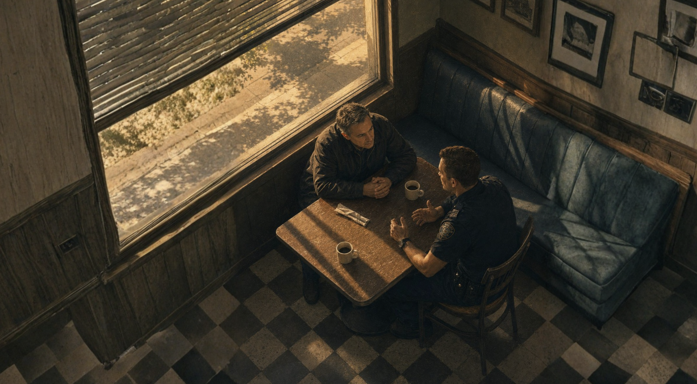 A police officer and a chaplain talking over coffee in a quiet diner.