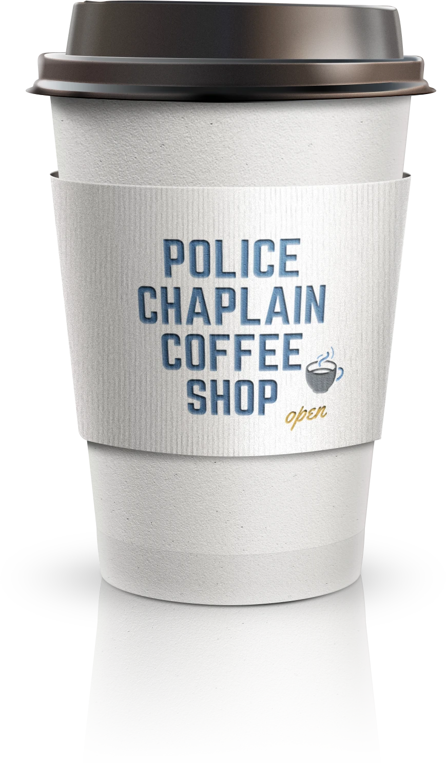 A takeaway coffee cup with the Police Chaplain Coffee Shop logo.