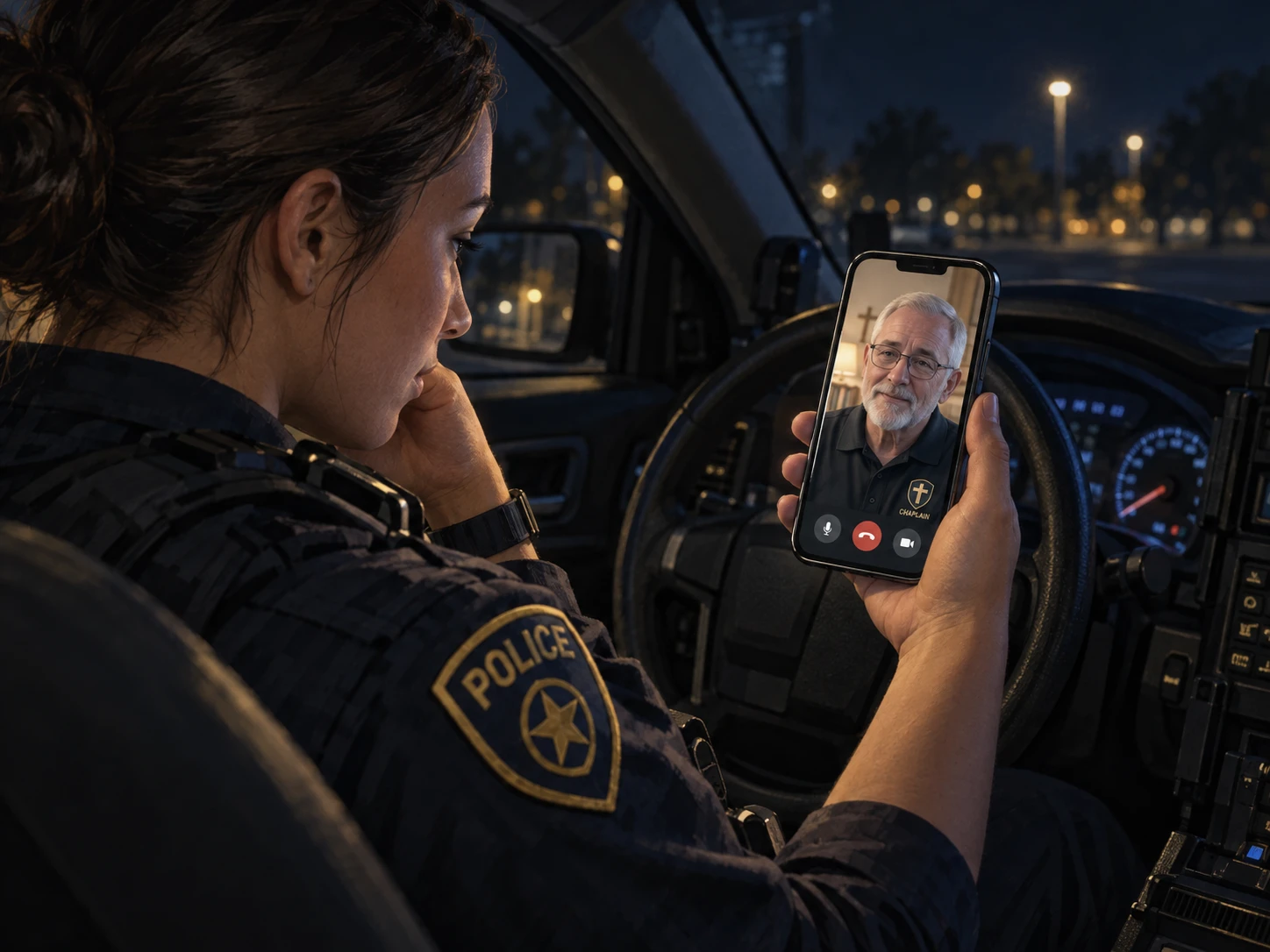 Illustration of a young police officer in a parked squad car at night, speaking with a police chaplain on an iPhone video call
