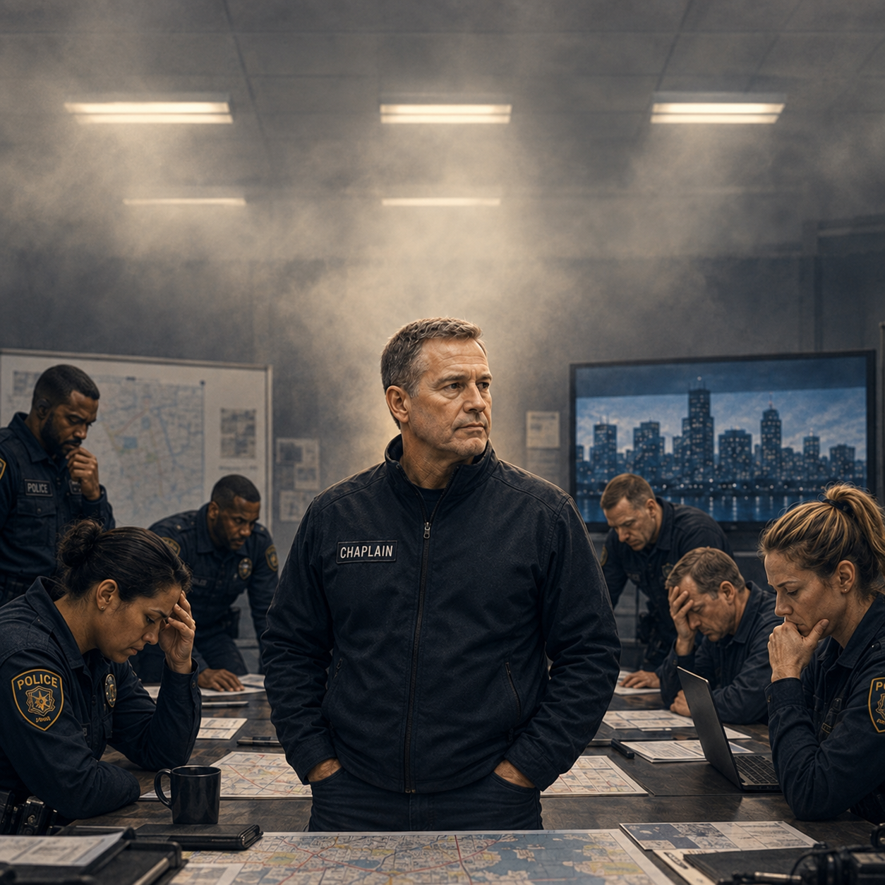A composed chaplain among officers in a command room