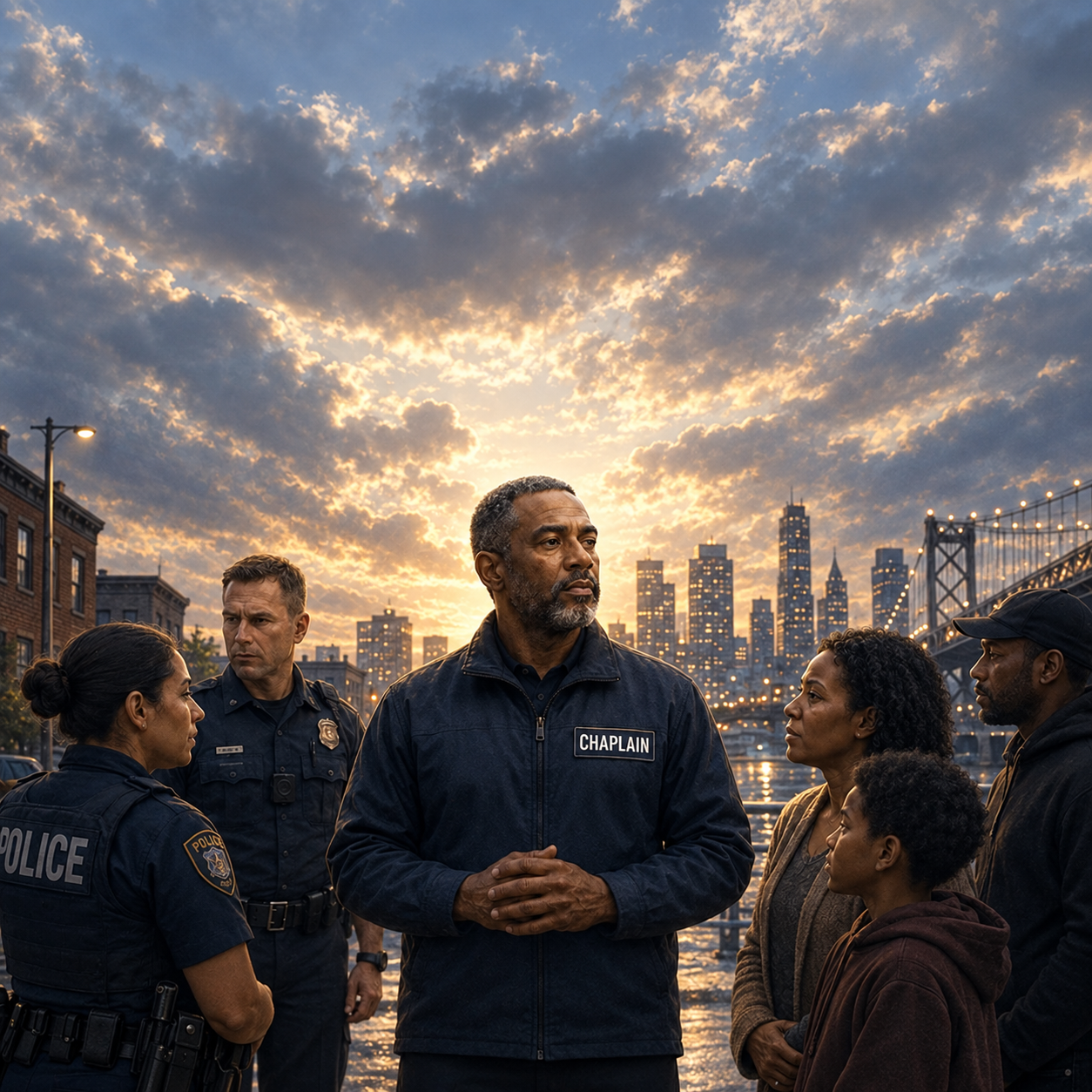 A chaplain listening with officers and a family