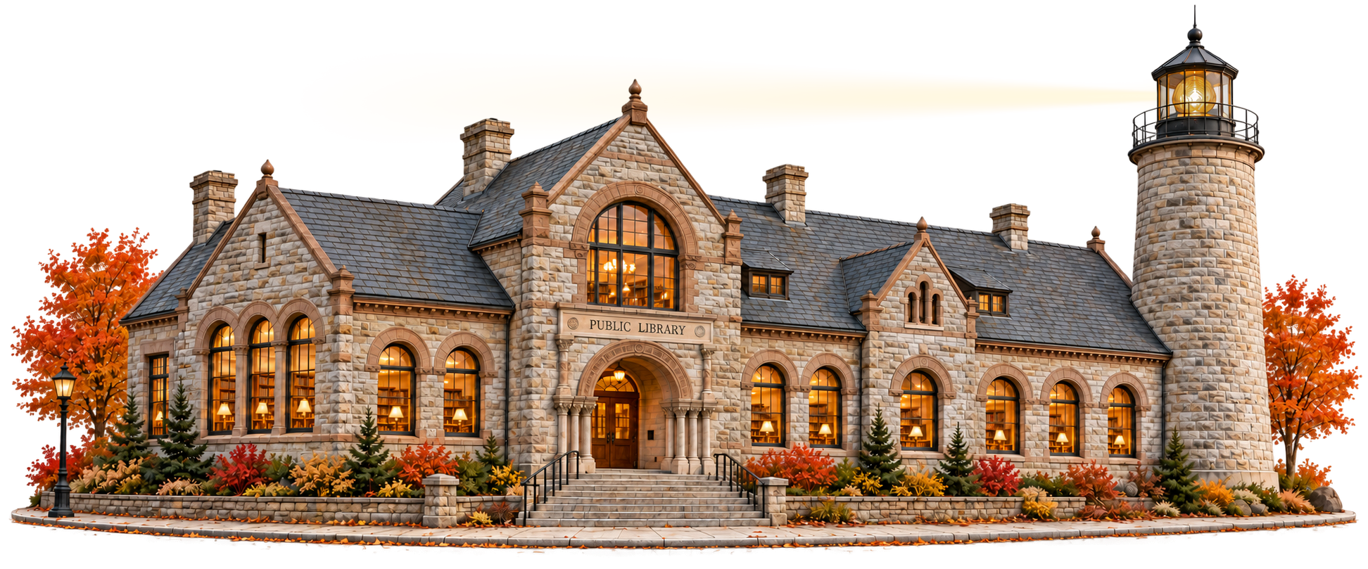 A stone library with warm reading rooms and an animated rotating lighthouse beacon.