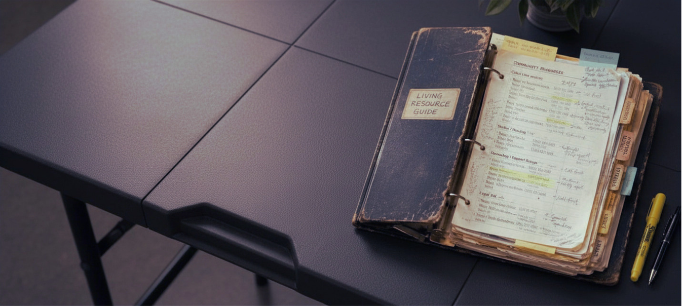 A well-used Living Resource Guide binder, open to annotated contacts and tabbed pages