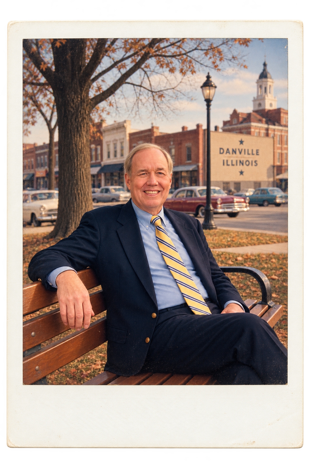 Bob Jones sitting on a park bench in Danville, Illinois