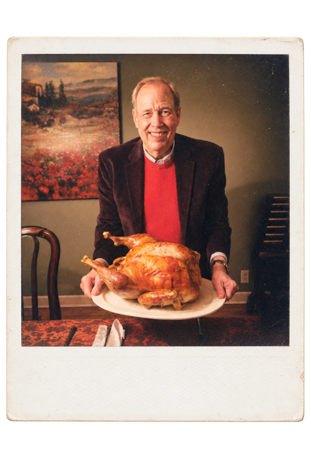 Bob Jones smiling as he holds a Thanksgiving turkey