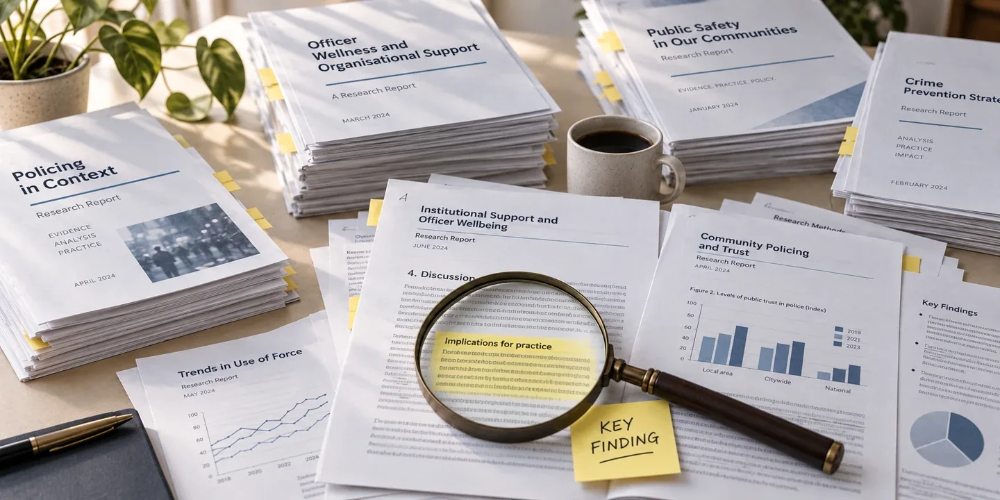 Research reports, a magnifying glass and a highlighted key finding on a desk.