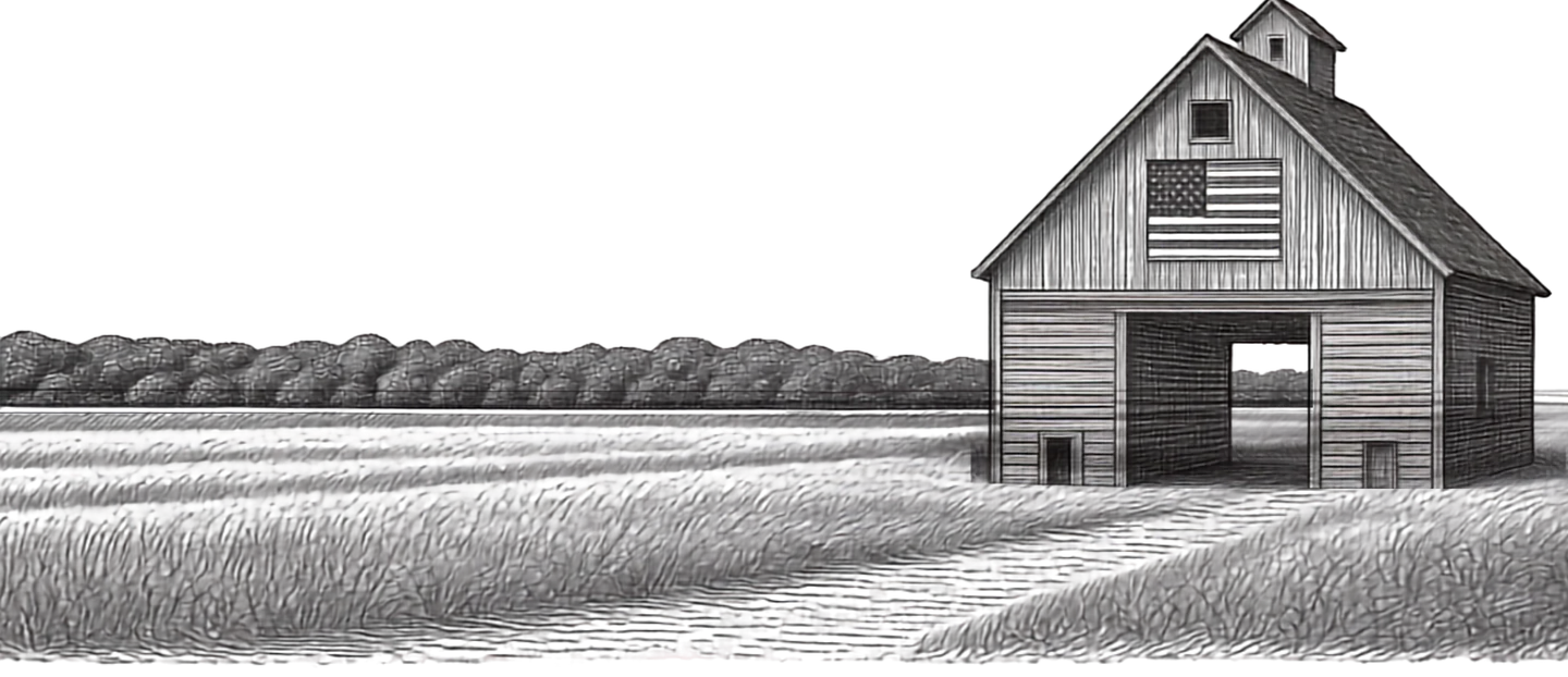 An illustrated barn with an American flag overlooking open fields.