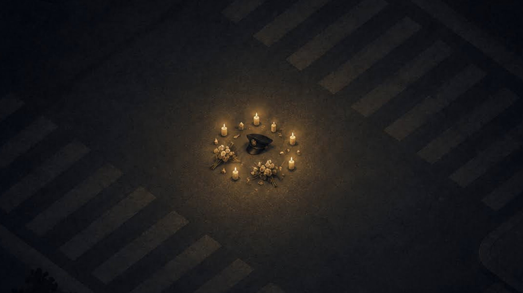A police cap surrounded by candles and flowers at a quiet street memorial