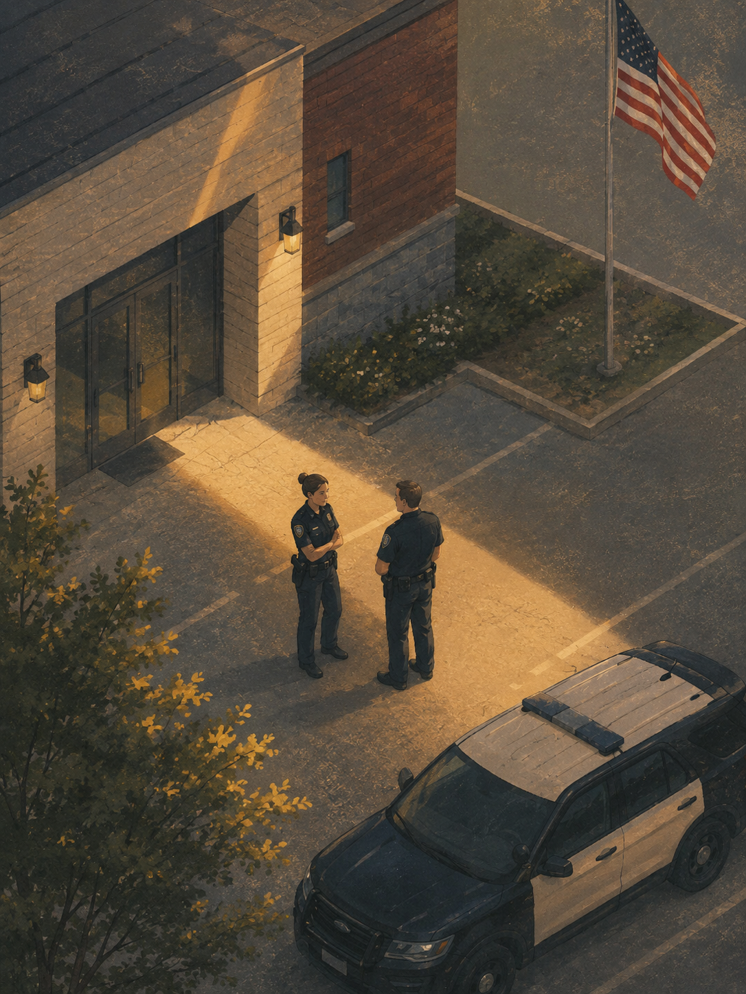 Two officers in conversation illustration