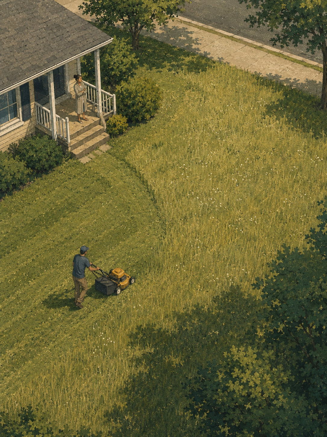 Neighbor mowing lawn illustration